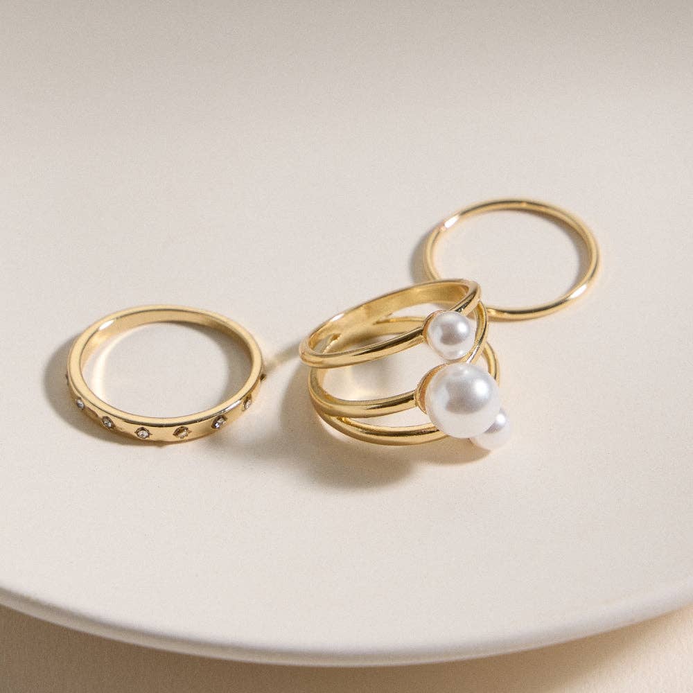 Elegant Gold Pearl Ring Trio