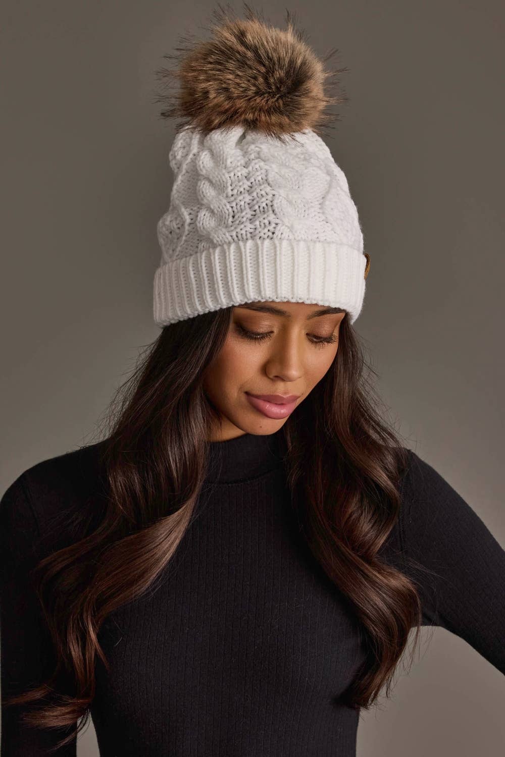 White Cable Knit Pom Hat