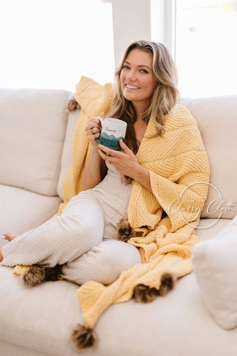 Chenille Pom Blanket Mustard