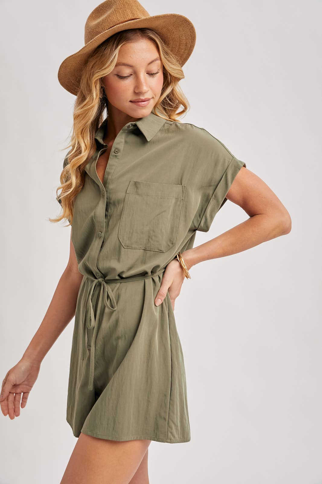 UTILITY FLOWY SHORT SLEEVE BELTED ROMPER