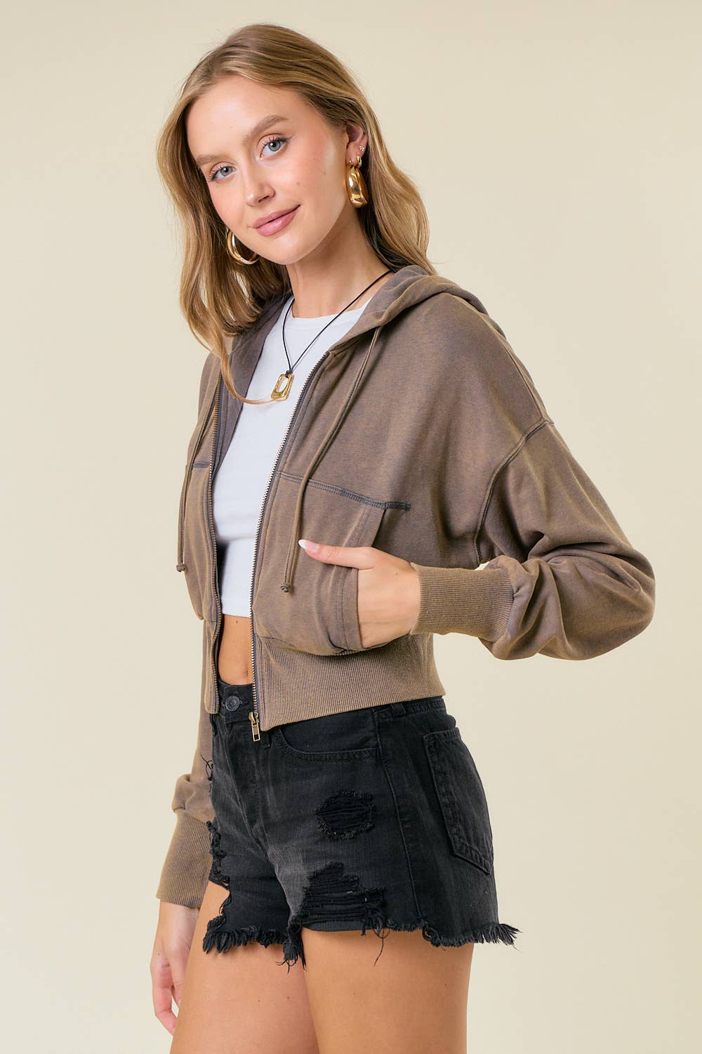 Vintage Washed Zip-Up Hoodie With Front Pockets - 10610J