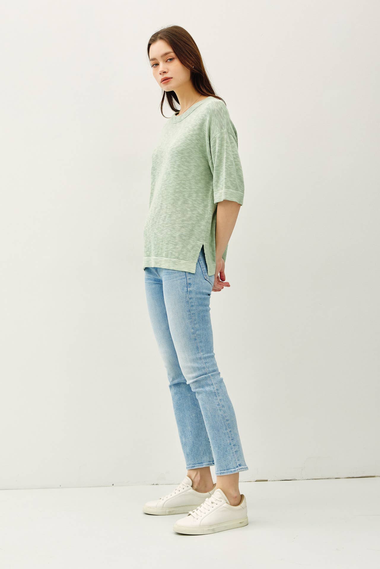 SHORT SLEEVE COTTON SLUB SWEATER TOP