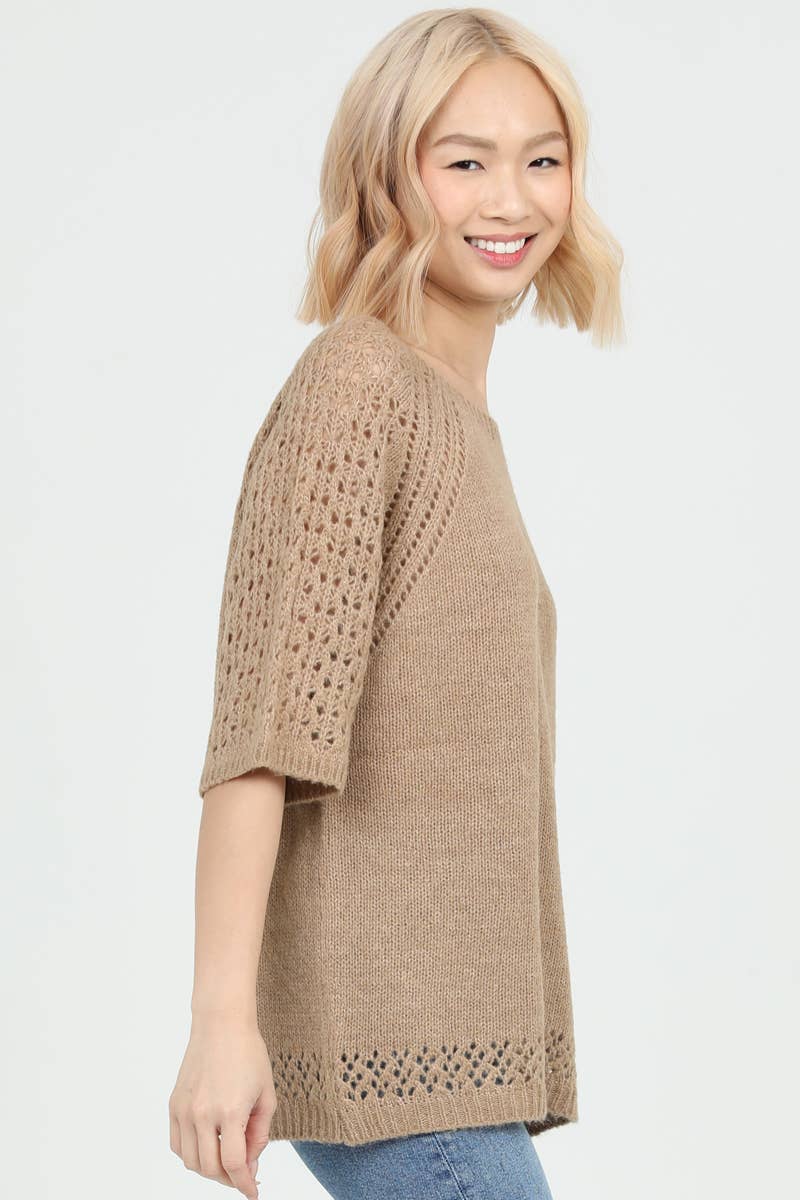NHS73-ASIS OPEN KNIT SHORT SLEEVE PULLOVER SWEATER