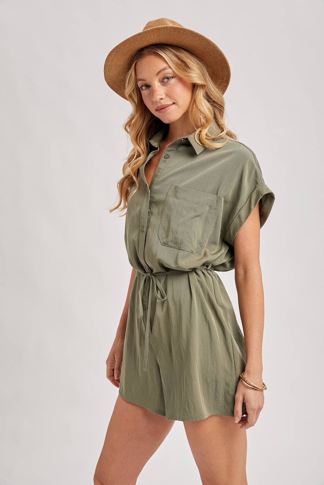 UTILITY FLOWY SHORT SLEEVE BELTED ROMPER