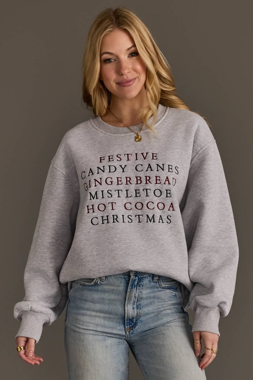 Gray Christmas List Embroidered Sweatshirt
