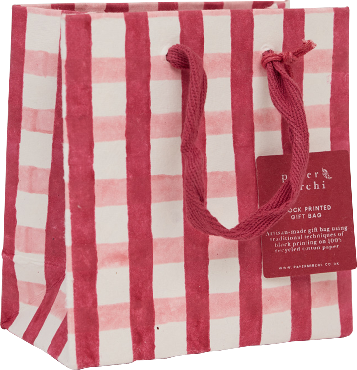 SMALL HANDMADE GIFT BAG PINK XMAS GINGHAM PAPER MIRCHI