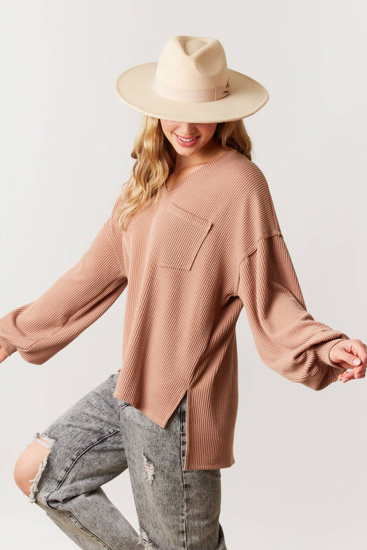 Ribbed V-Neck Pullover: LATTE