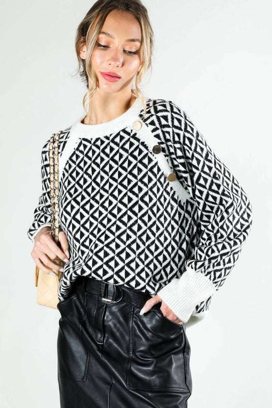 Black Geo patterned sweater top